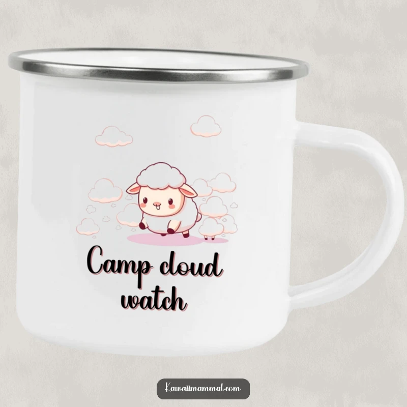 Funny Kawaii Sheep Camping Mug: A cute sheep humorously herds fluffy clouds, ready for outdoor excursions with funny charm.