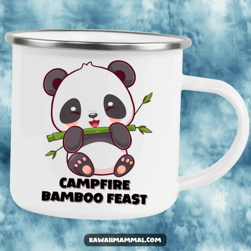 Funny Panda Camping Mug: Sturdy kawaii panda happily eating bamboo, ready for outdoor feasts.