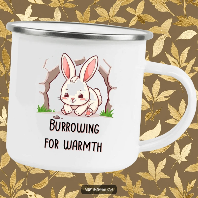 Funny rabbit character, energetically digging a tunnel, on a rugged and humorous camping mug.