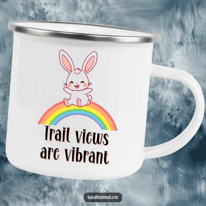 Funny Camping Mug: A joyful rabbit with long, floppy ears hops over a rainbow, perfect for happy campers and outdoor brews.