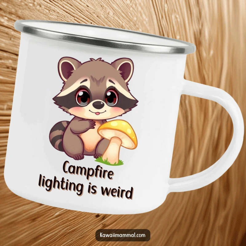 Funny Camping Mug: A curious raccoon with large, bright eyes examines a glowing mushroom, perfect for nighttime adventures and drinks.