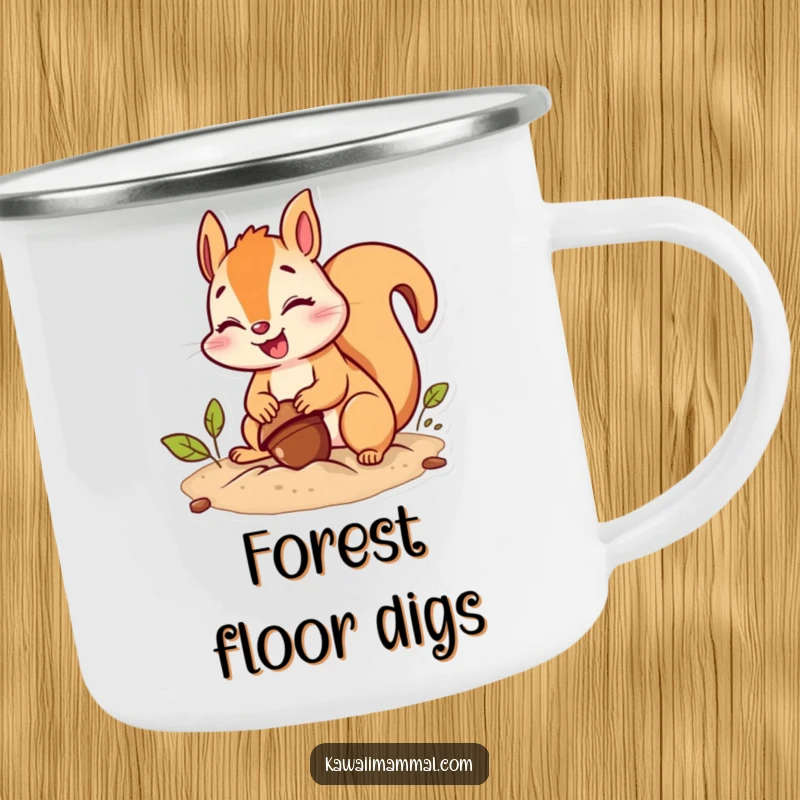 Funny squirrel camping mug featuring a giggling character burying an acorn with great effort, ideal for outdoor humor.