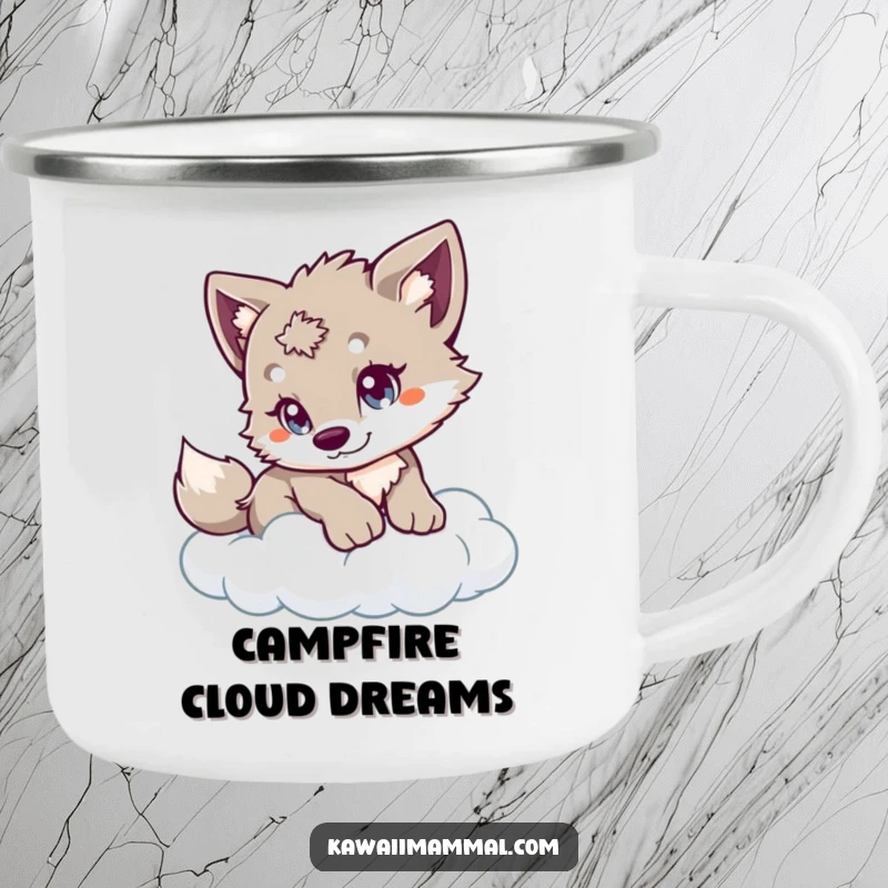 Funny Wolf Cub Camping Mug: A playful cub with bright eyes, cautiously pouncing on a fluffy cloud, ready for any outdoor escapade.