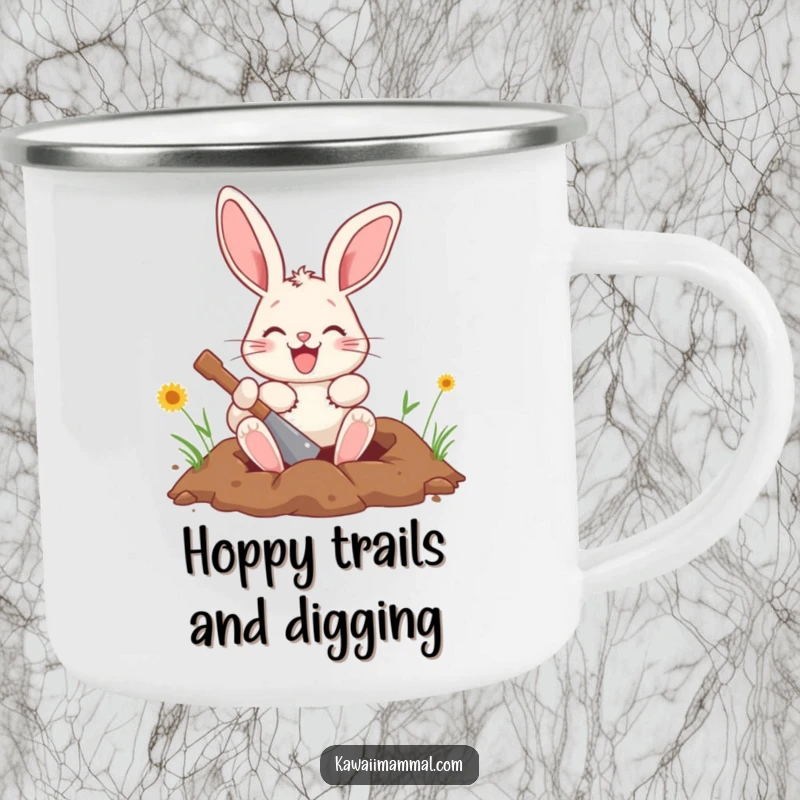 Funny bunny camping mug showcasing a happy character digging a hole, built for rugged adventures and humor.