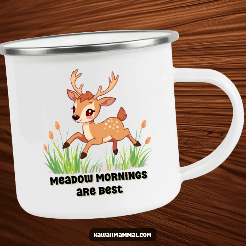 Funny Camping Mug: A cheerful deer with graceful antlers leaps through tall grass, perfect for serene outdoor moments.