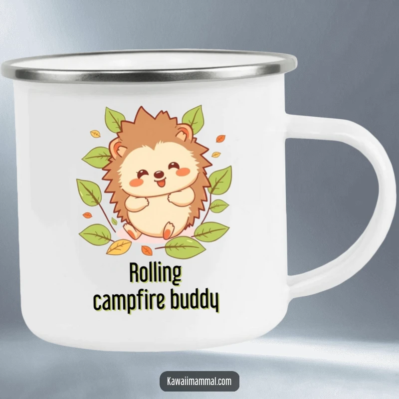 Funny Hedgehog Camping Mug: Sturdy kawaii hedgehog rolling joyfully amidst illustrated leaves, ready for outdoor adventures.