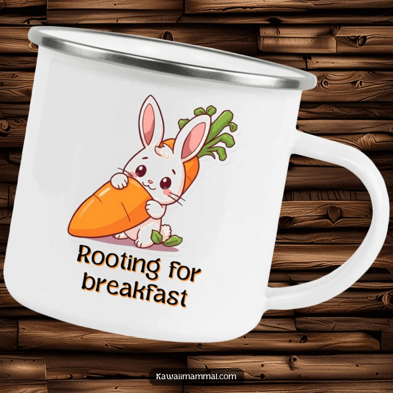 Funny rabbit peeking from behind a large carrot, on a sturdy camping mug for outdoor enjoyment.