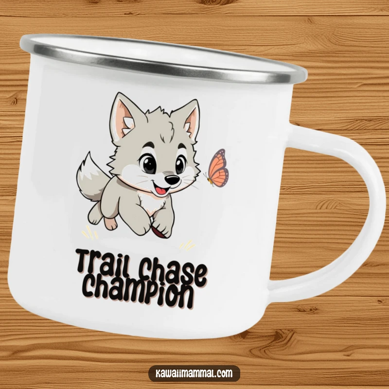 Funny enamel camping mug showing an energetic wolf puppy playfully chasing a butterfly in a natural setting.