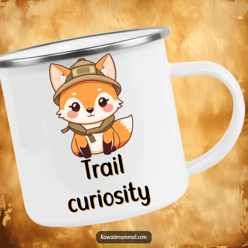 Funny, durable camping mug featuring a kawaii fox in an explorer hat, curiously peering, perfect for outdoor exploration.