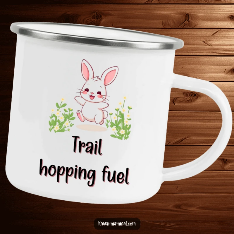 Funny camping mug decorated with a cute bunny energetically hopping through a clover field, ideal for outdoor fun.