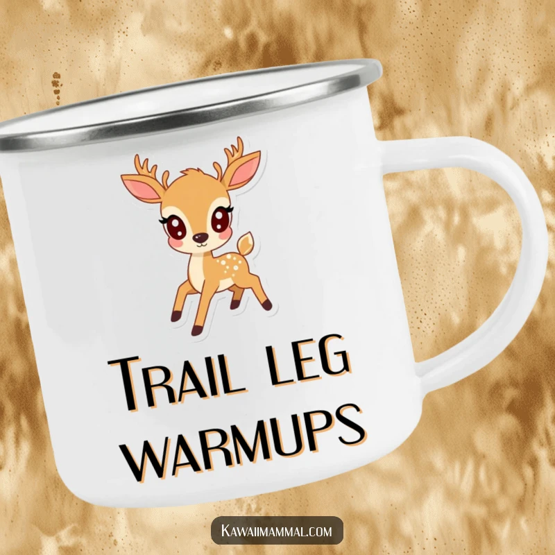 Funny kawaii deer with wide eyes, prancing joyfully, on a rugged camping mug, perfect for outdoor enthusiasts.