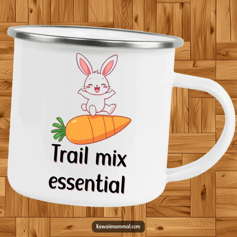 Funny camping mug showing a cheerful bunny character joyfully leaping over a giant carrot in an outdoor setting.