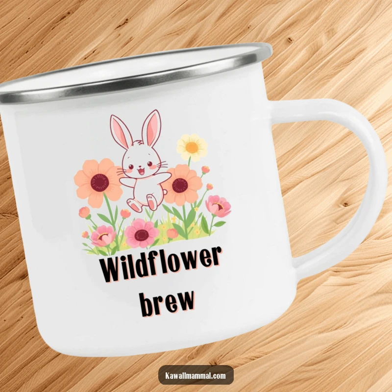 Funny, durable camping mug featuring a kawaii bunny hopping through giant flowers, perfect for joyful outdoor enjoyment.