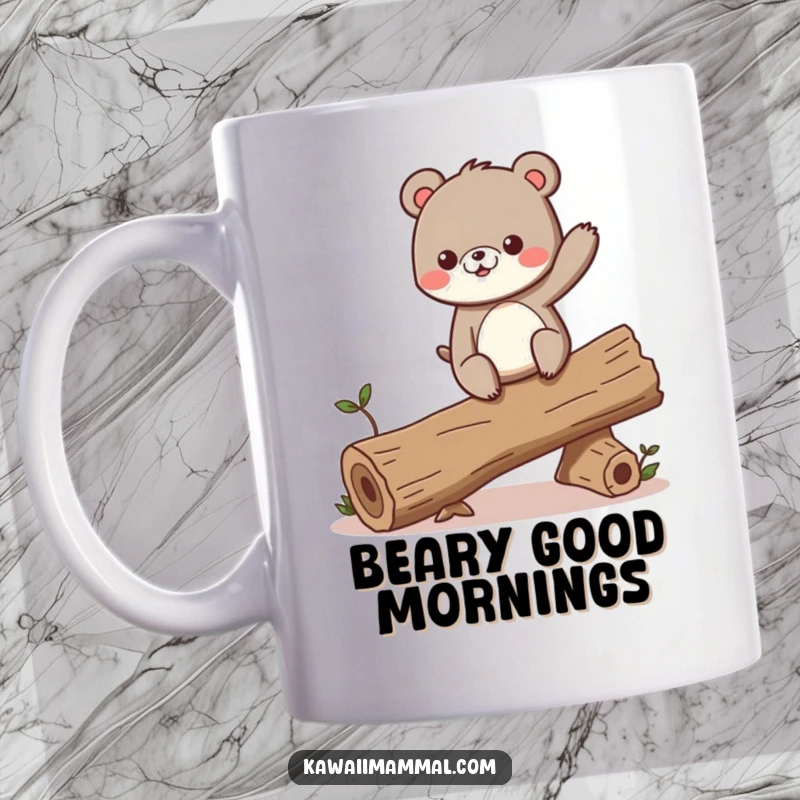 Funny mug depicting a curious bear character excitedly balancing on a very unstable, wobbling log with wide, determined eyes.