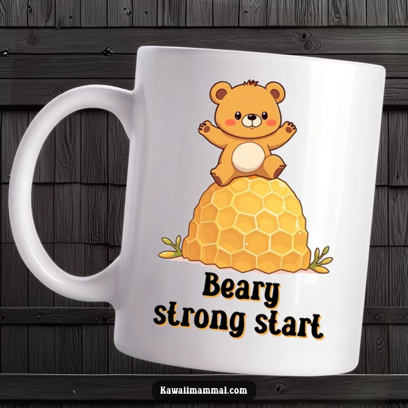 Funny mug depicting a determined bear character humorously attempting to balance on a giant honeycomb, embodying woodland ambition.