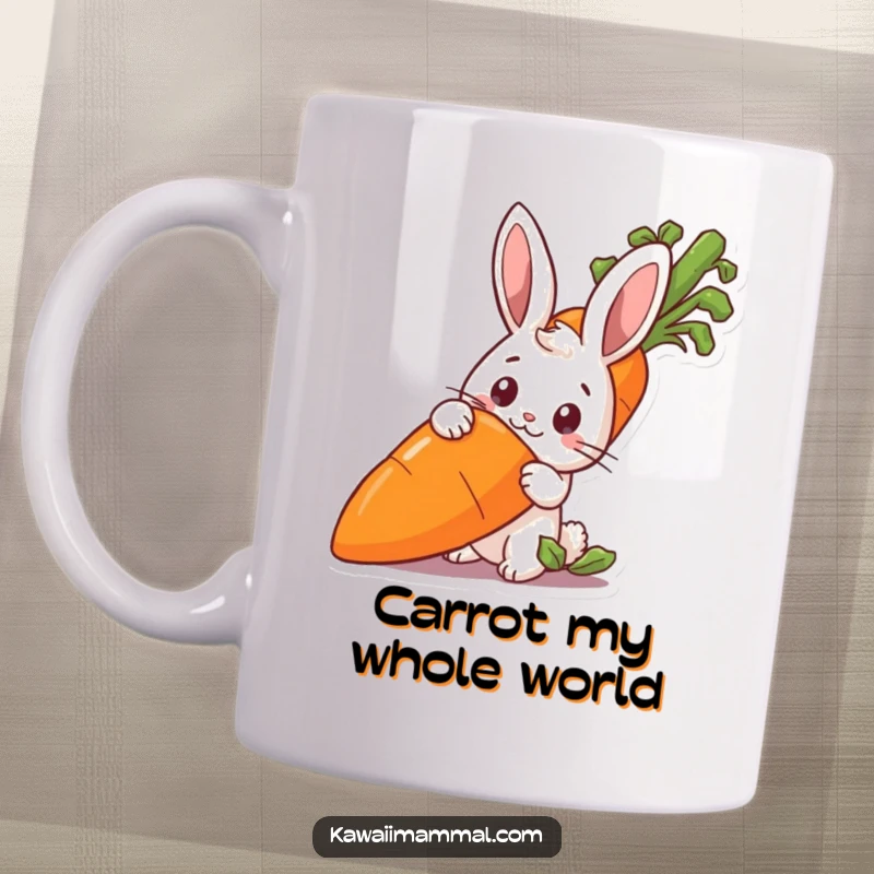 Funny rabbit peeking from behind a large carrot on a mug, with a curious and cute expression.