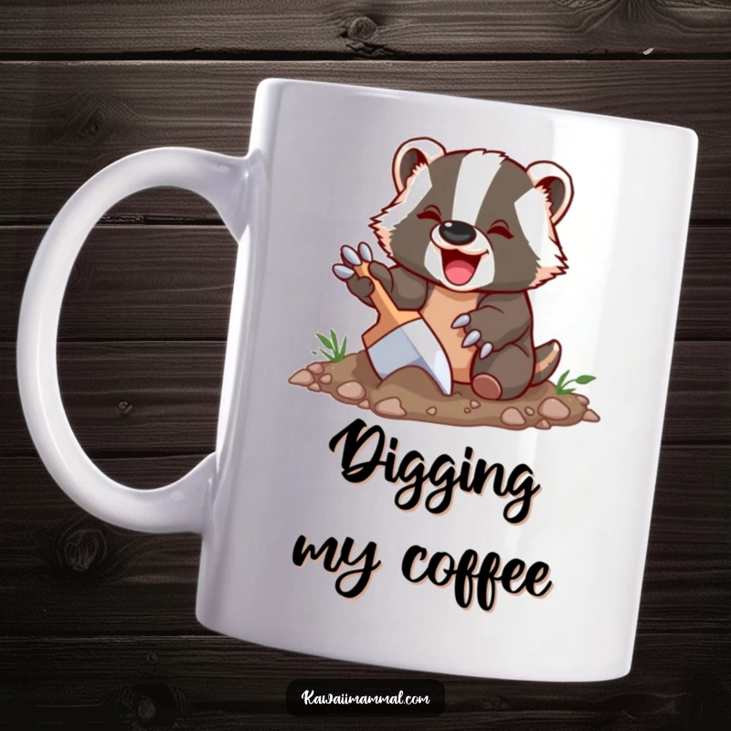 Funny Badger Mug with a delighted badger character happily digging with its oversized claws, a charming and humorous woodland design.