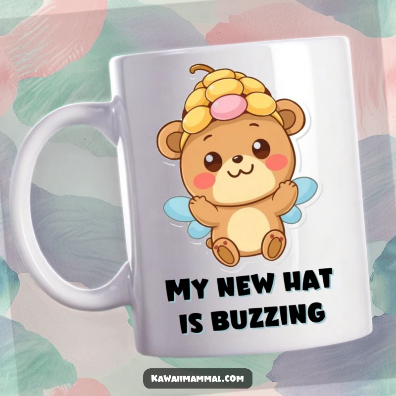 Funny Mug: A happy bear with wide, innocent eyes playfully tries to wear a beehive, showcasing clumsy charm and a love for honey.