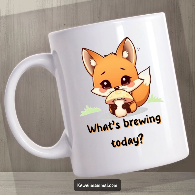 Funny curious fox character sniffing a bright mushroom with wide, amazed eyes, a whimsical mug.