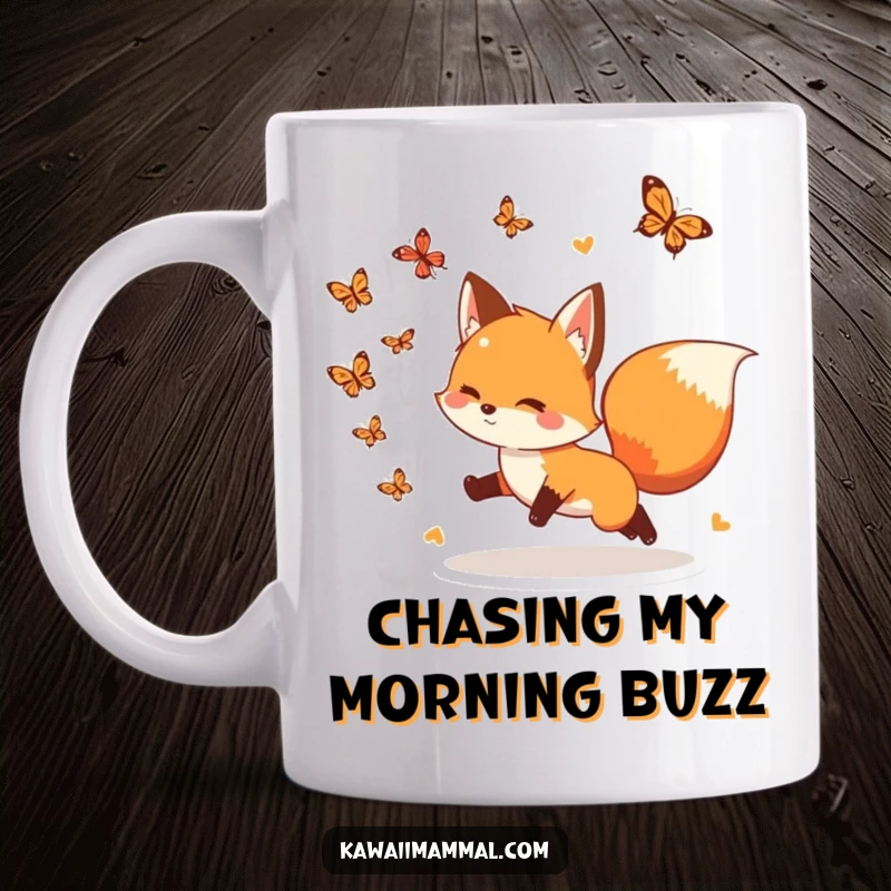 Funny Mug: A playful fox with a bushy tail excitedly chases butterflies, embodying joy and the thrill of the chase.