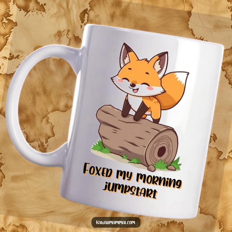 Funny fox mug showing a joyful character leaping over a log with perked ears, full of playful energy and excitement.