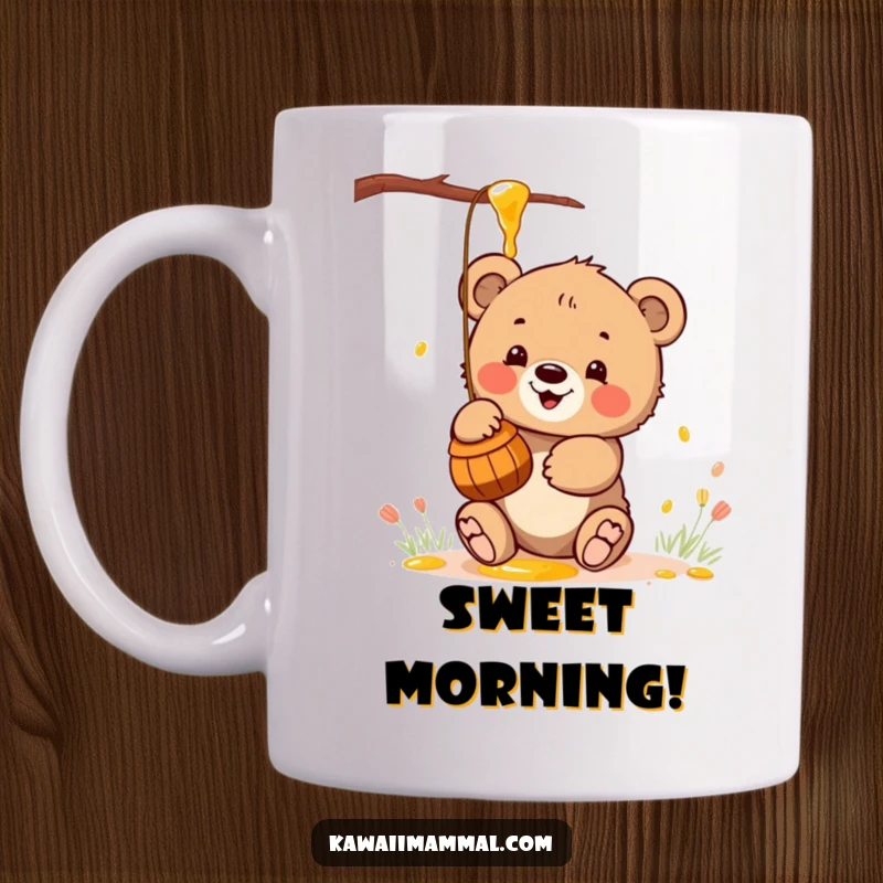 Funny mug featuring a kawaii bear cub enthusiastically batting at a dangling honey pot, radiating sweetness and playfulness.