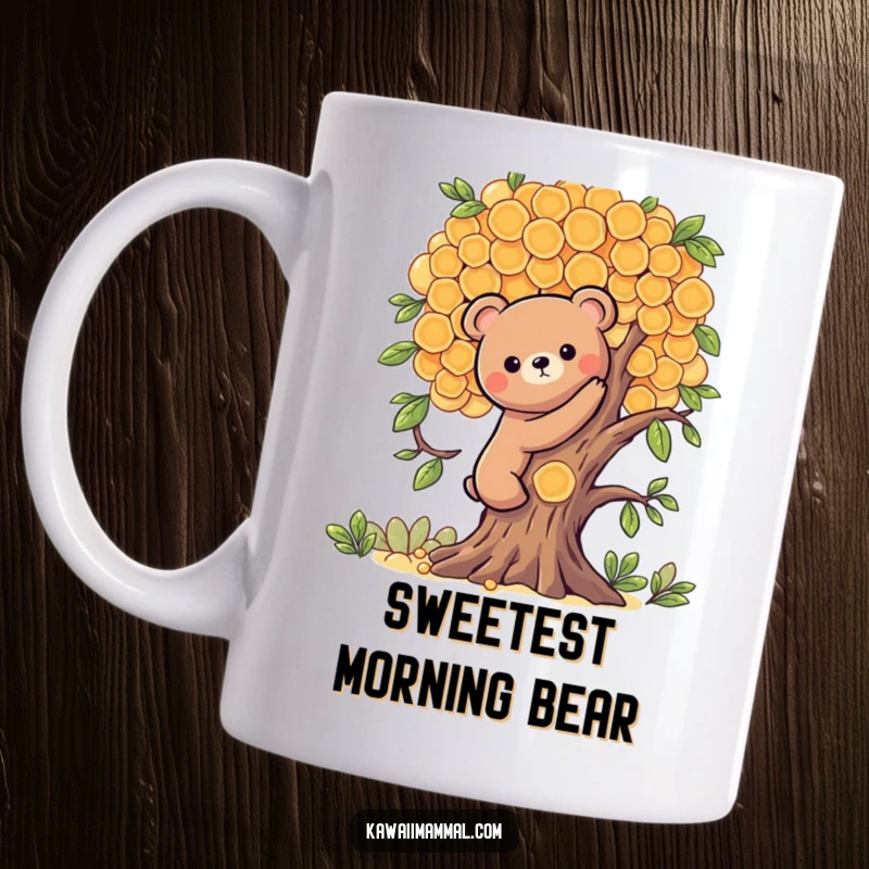 Funny Kawaii bear mug showing a cute bear character struggling to climb a tree made entirely of delicious honeycombs, looking determined.