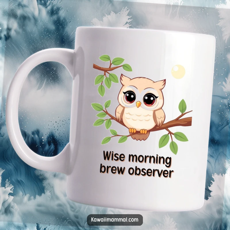 Funny kawaii owl mug showing a wise character perched on a branch, observing with wide, curious eyes and a touch of humor.