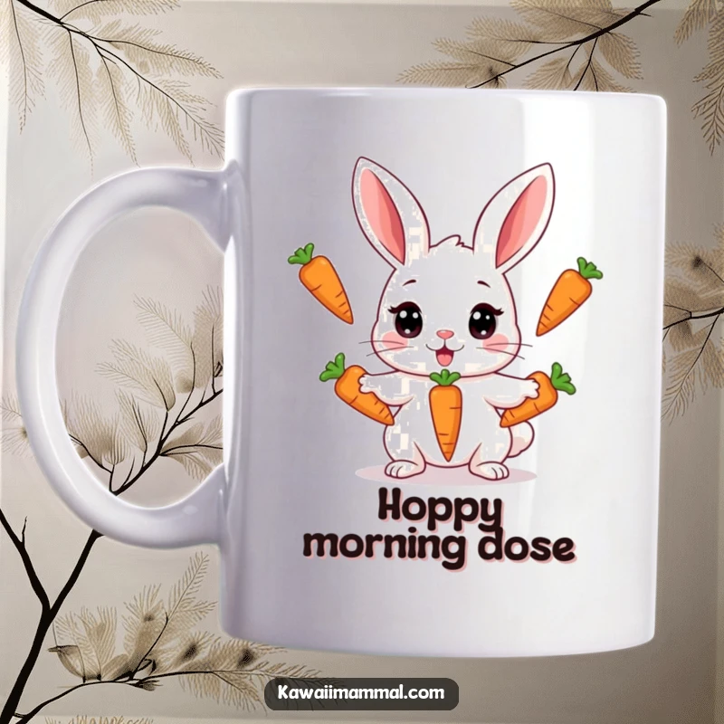 Funny Kawaii rabbit mug showing a cute rabbit with wide eyes attempting to juggle three carrots all at once, looking stressed but determined.