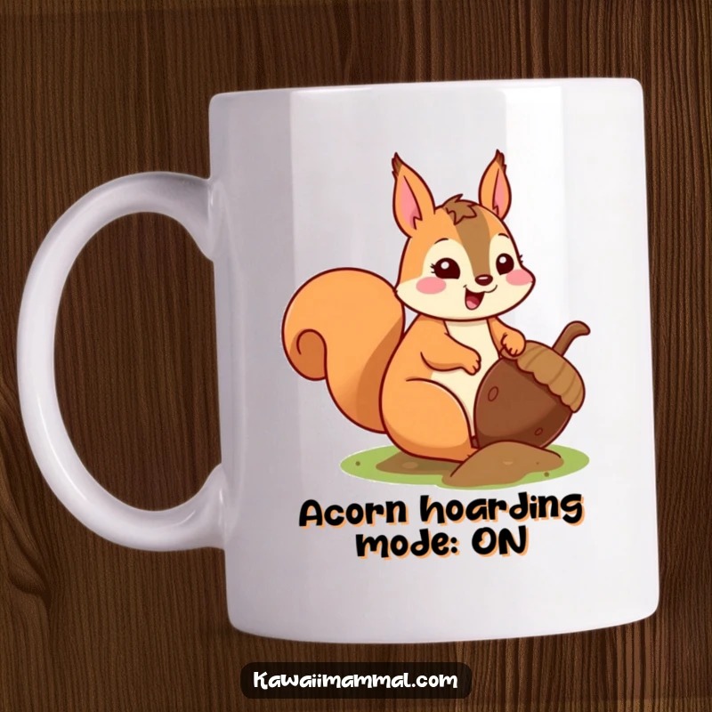 Funny kawaii squirrel character, wide-eyed with excitement, burying a comically oversized acorn, perfect for nature lovers.