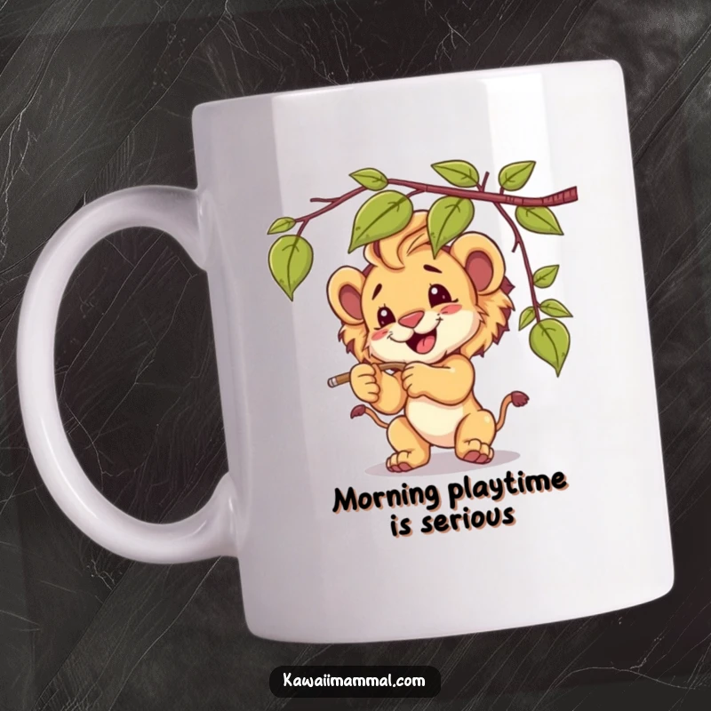 Funny lion cub mug, playfully batting at a dangling vine, embodying innocence and mischievous joy.