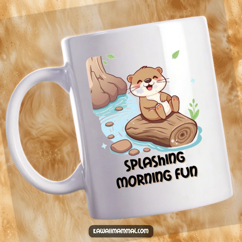 Funny mug showing a playful otter joyfully sliding down a giant river log, capturing pure, fun energy.