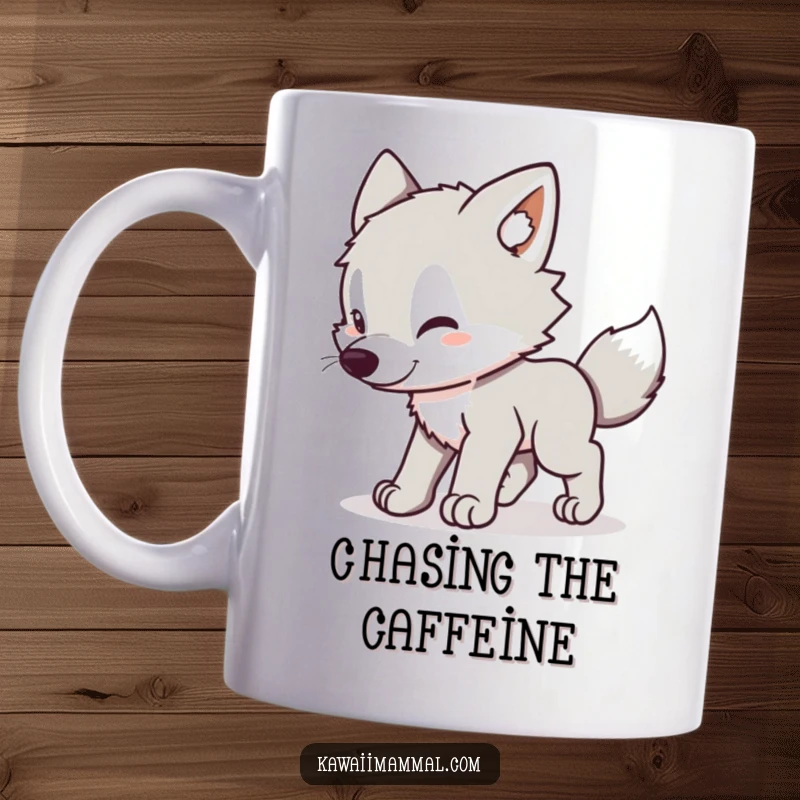 Funny Wolf Pup Mug: Cute kawaii wolf pup hilariously chasing its own tail in a dizzying, joyful spin.