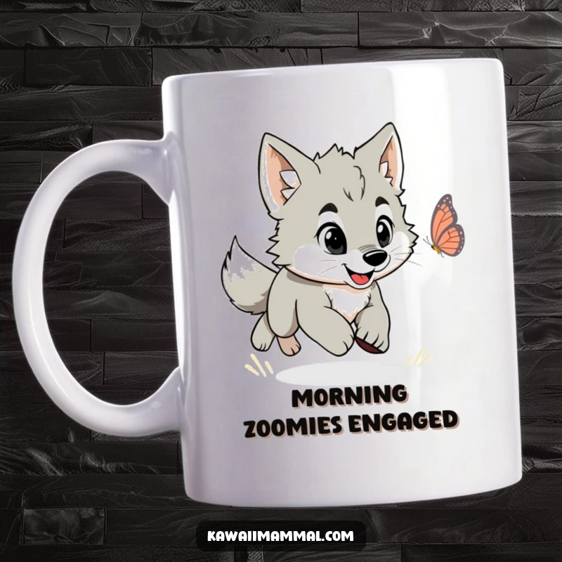 Funny coffee mug depicting a happy, energetic wolf puppy playfully chasing a delicate, fluttering butterfly.