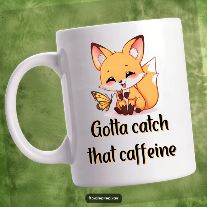 Funny mug depicting a happy fox with a playful grin, pouncing mid-air towards a delicate butterfly.