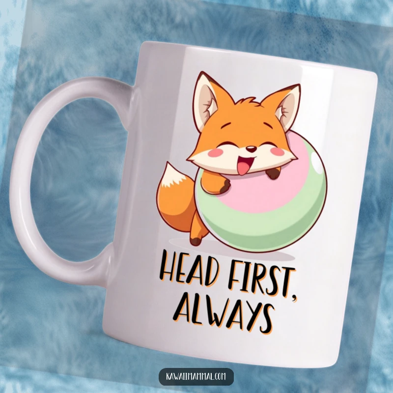 Funny mug depicting a smiling fox character enthusiastically head-butting a large, colorful inflatable ball with determination.