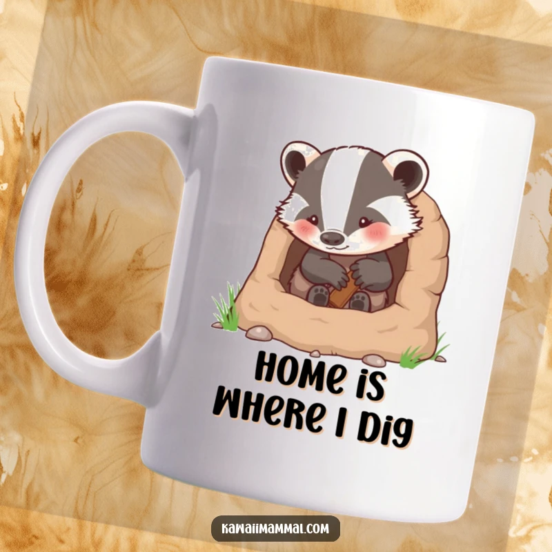 Funny coffee mug showing a determined badger character diligently constructing a warm, cozy burrow underground.