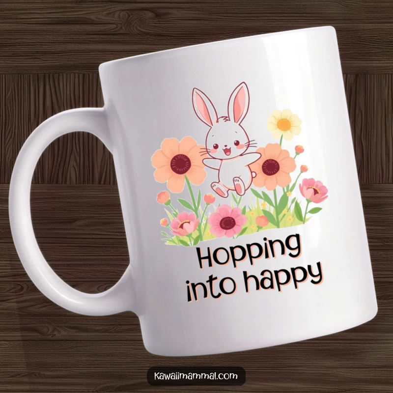 Funny mug showcasing a kawaii bunny happily hopping through a field of giant flowers, radiating pure joy and spring cheer.