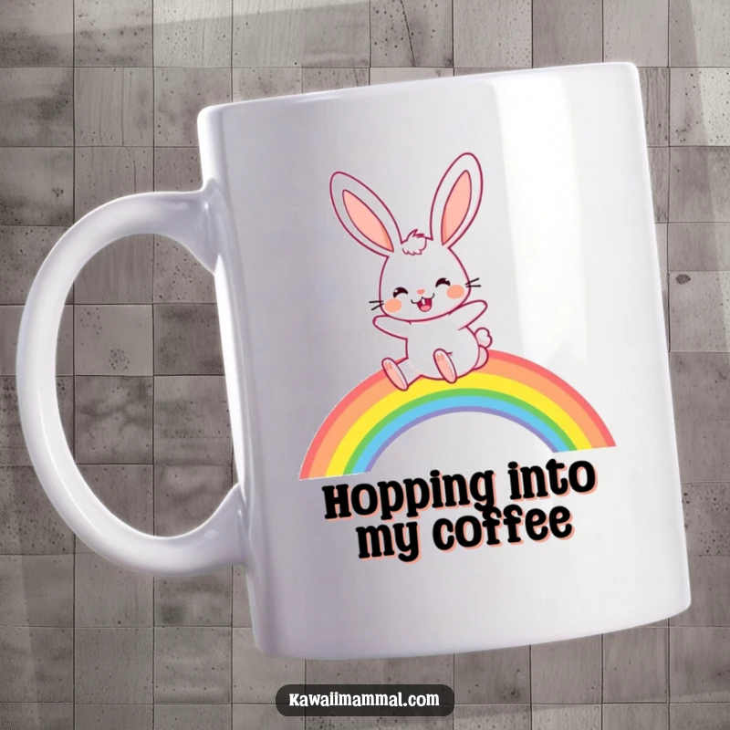 Funny Mug: A joyful rabbit with long, floppy ears enthusiastically hops over a rainbow, embodying happiness and adventure.