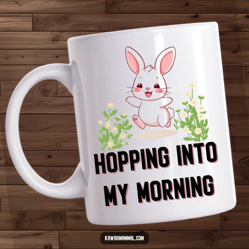 Funny mug with a cute bunny joyfully hopping through a field of green clover with a massive smile.