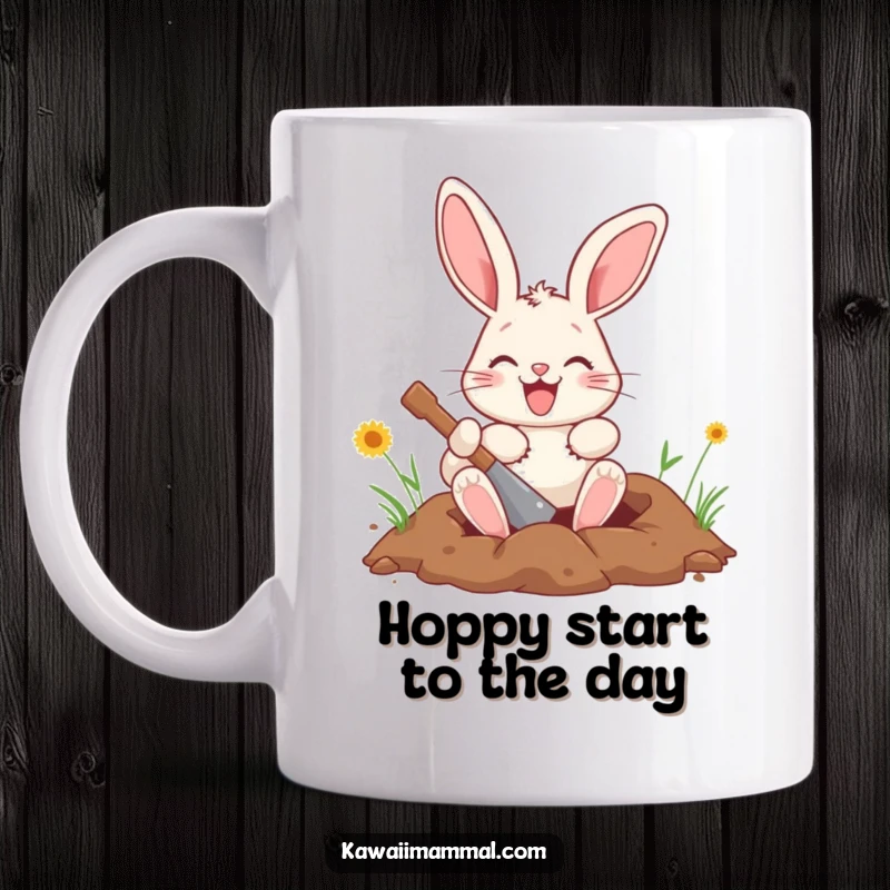 Funny bunny mug showing a happy character enthusiastically digging a hole with its paws, full of energetic fun.