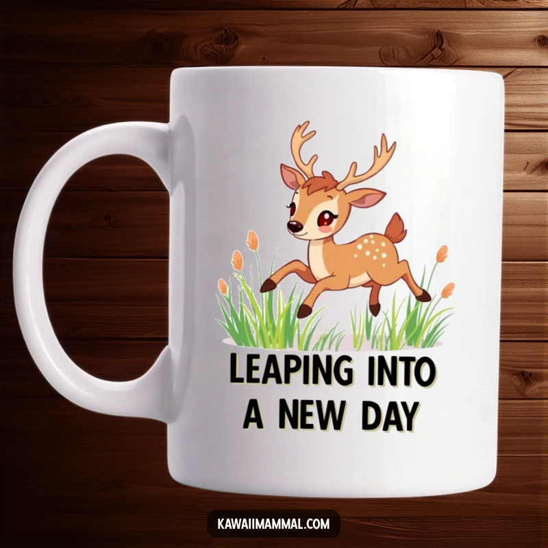 Funny Mug: A cheerful deer with graceful antlers gracefully leaps through tall grass, embodying freedom and natural beauty.