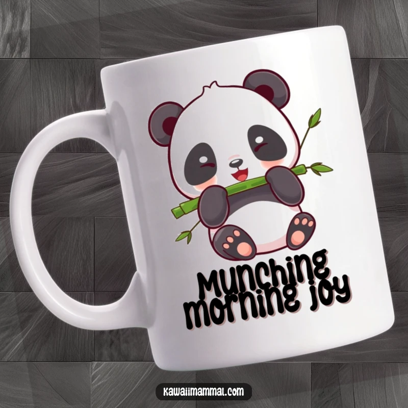 Funny Panda Mug: Cute kawaii panda happily munching on a bamboo stalk with a blissful, content expression.
