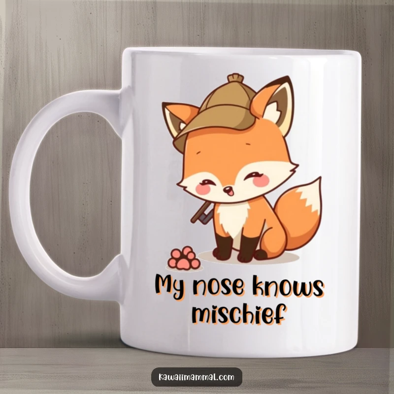 Funny detective fox in a hat sniffing a paw print on a mug, seeking clues with a curious expression.