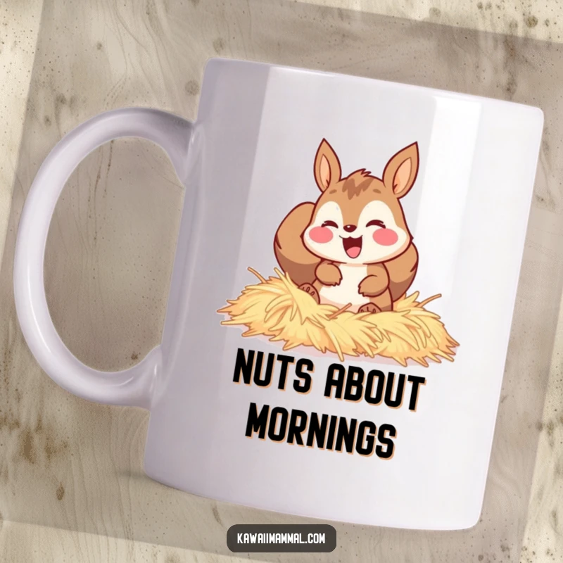 Funny mug depicting a happy squirrel character gleefully burrowing face-first into a large pile of soft, golden hay.