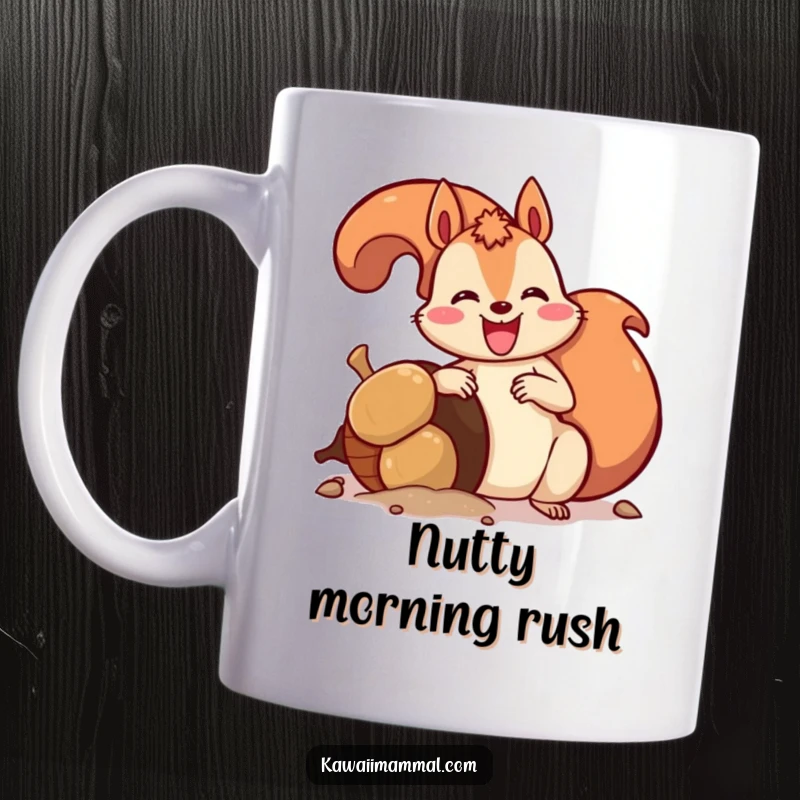 Funny mug featuring a delighted squirrel with a bushy tail enthusiastically burying an oversized acorn, showcasing pure joy in hoarding.