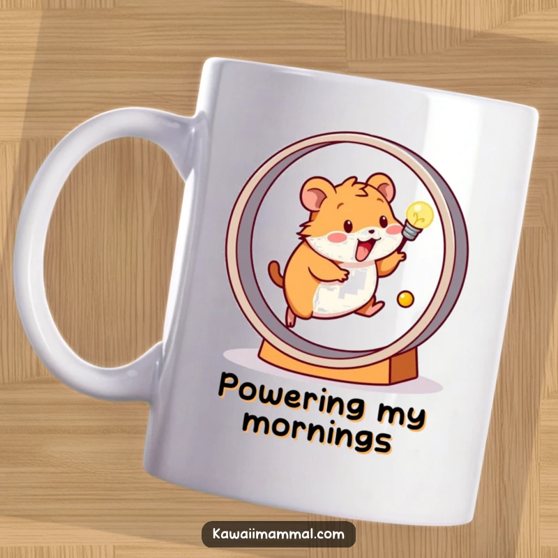 Funny mug showcasing a cheerful hamster running on a wheel that brightly illuminates a connected light bulb, symbolizing energy.