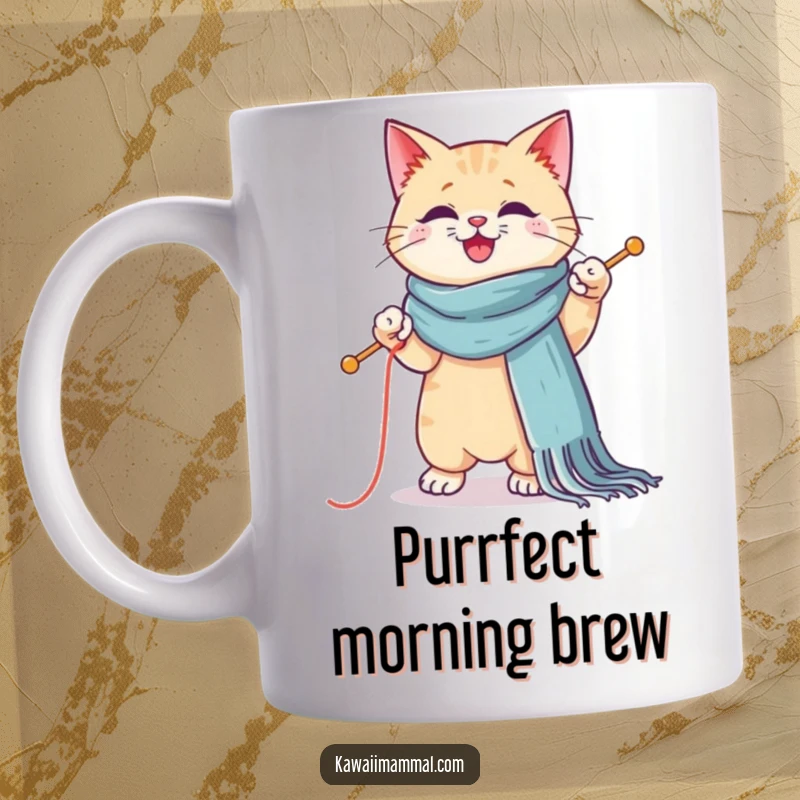 Funny Kawaii cat mug showing a cute cat attempting to knit a huge scarf while balancing precariously on one paw.