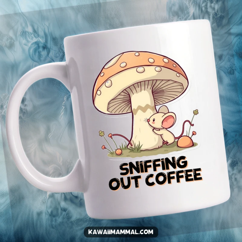 Funny Mouse Mug: Cute kawaii mouse bravely sniffing a giant, whimsical mushroom with a curious and determined expression.