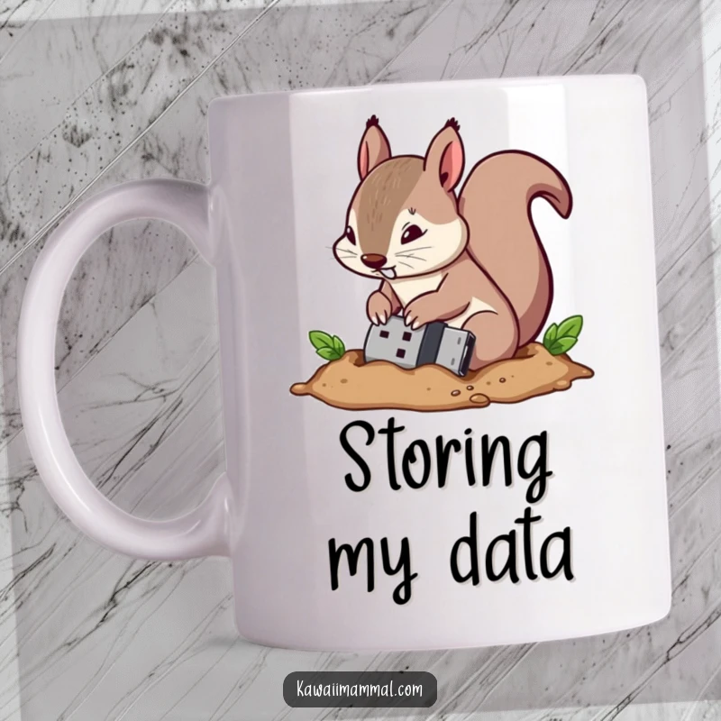 Funny mug showing a determined squirrel character burying a USB flash drive in the ground, treating it like a valuable nut.